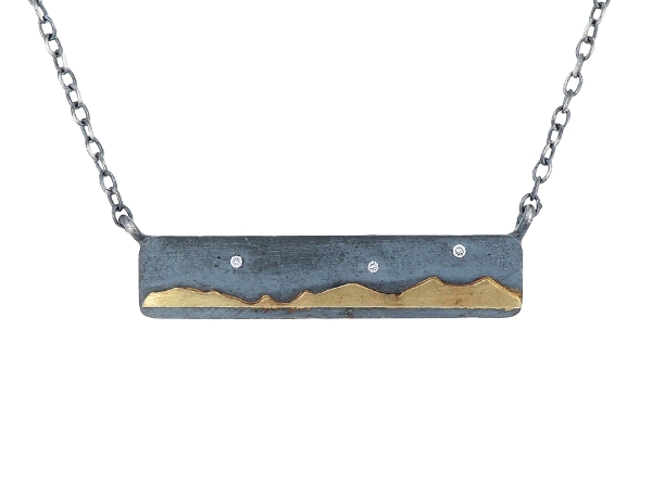 Sterling Silver & 18K Yellow Gold Bar Mountain Necklace with Diamonds